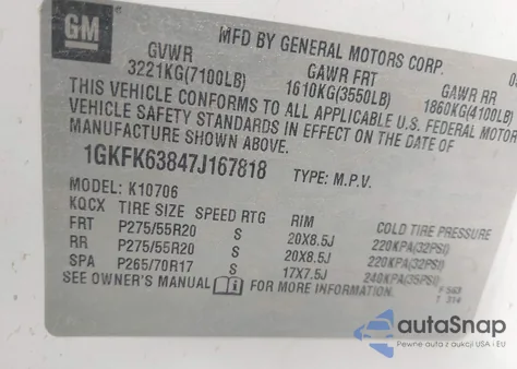 2007 GMC Yukon Denali z USA, uszkodzony, nr VIN 1GKFK63847J167818